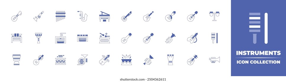 Instruments icon collection. Duotone style line stroke and bold. Vector illustration. Containing trumpet, electricguitar, domra, guiro, djembe, conga, guitar, violin, spanishguitar.