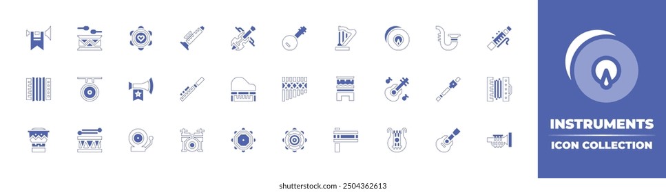 Instruments icon collection. Duotone style line stroke and bold. Vector illustration. Containing tambourine, trumpet, accordion, drum, vuvuzela, drumset, bongo, bell, clarinet, piccolo, gong.