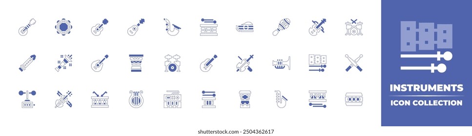 Instruments icon collection. Duotone style line stroke and bold. Vector illustration. Containing saxophone, trumpet, drumset, dagu, maracas, violin, zither, xylophone, drumstick, djembe, drum.