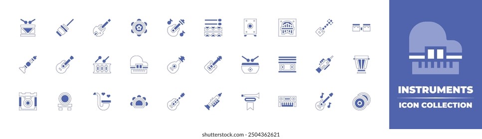 Instruments icon collection. Duotone style line stroke and bold. Vector illustration. Containing piano, tambourine, drum, zambomba, guitar, taiko, electroacousticbass, gong, sopila, saxophone.