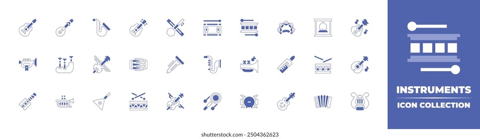 Instruments icon collection. Duotone style line stroke and bold. Vector illustration. Containing saxophone, drum, guitar, mridangam, balalaika, lute, violin, bagpipes, trumpet, kabosy, cornet.