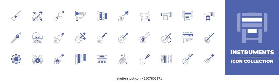 Instrumentos icono de colección. Estilo duotono trazo de línea y negrita. Ilustración vectorial. Contiene acordeón, guitarra acústica, guitarra, banjo, trompeta, sitar, xilófono, vuvuzela, panflute, pipa, beduk.