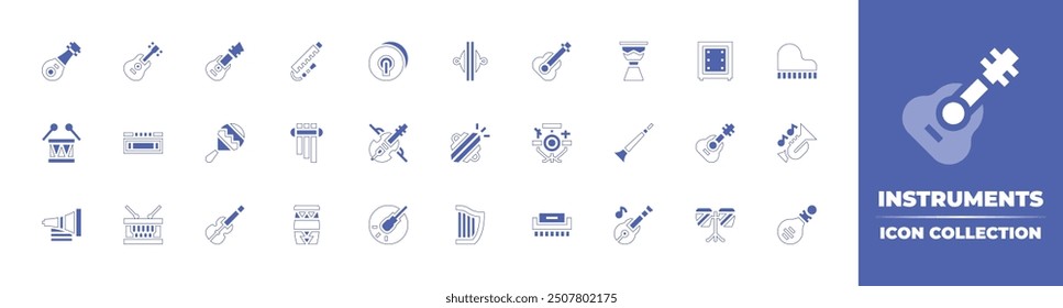 Instrumentos icono de colección. Estilo duotono trazo de línea y negrita. Ilustración vectorial. Contiene platillos, arpa, piano de cola, shehnai, batería, guitarra, trompeta, pipa, armónica, conga, batería, cajón.