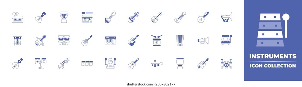 Instruments icon collection. Duotone style line stroke and bold. Vector illustration. Containing djembe, timpani, biwa, xylophone, violin, trumpet, drum, ukulele, lute, sitar, mandolin, electricguitar