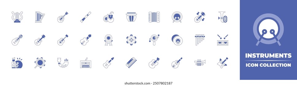 Instruments icon collection. Duotone style line stroke and bold. Vector illustration. Containing accordion, electricguitar, trumpet, doublebass, guitar, tuba, panflute, drum, dendendaiko, cymbals, roc