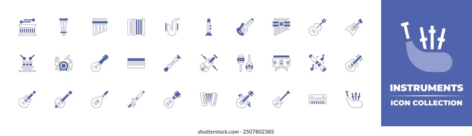 Instruments icon collection. Duotone style line stroke and bold. Vector illustration. Containing drum, panpipe, keyboard, banjo, guitar, accordion, lute, biwa, rhaita, drumset, flute.