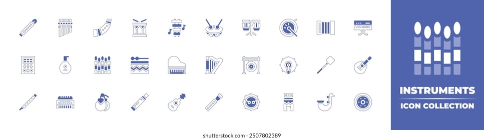 Instruments icon collection. Duotone style line stroke and bold. Vector illustration. Containing drum, flute, lute, indonesia, guan, didjeridu, zampona, harmonica, castanets, synthesizer.