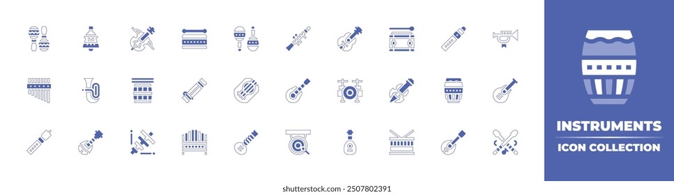 Instruments icon collection. Duotone style line stroke and bold. Vector illustration. Containing drum, drumset, violin, guitar, mandolin, flute, trumpet, gong, drumsticks, clarinet, lute.