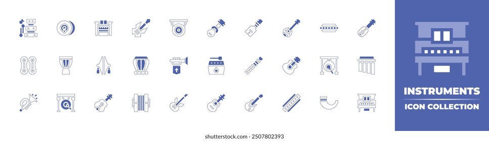 Instruments icon collection. Duotone style line stroke and bold. Vector illustration. Containing drum, cymbals, trumpet, qarqaba, concertina, organ, djembe, guitar, gong, xylophone, rockguitar.