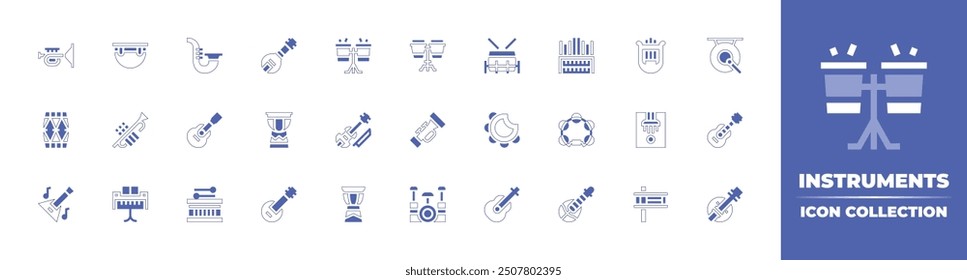 Instruments icon collection. Duotone style line stroke and bold. Vector illustration. Containing drum, cavaquinho, sitar, banjo, saxophone, bongos, balalaika, piano, violin, trumpet, timpani.