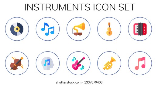 instruments icon set. 10 flat instruments icons.  Collection Of - music, cello, gramophone, bass guitar, instrument, trumpet, accordion