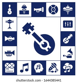 instruments icon set. 17 filled instruments icons. Included Instrument, Cymbals, Trumpet, Banjo, DJ, Veena, Gramophone, Music, Sing icons