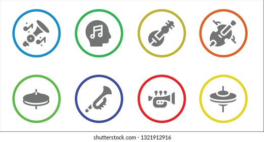 instruments icon set. 8 filled instruments icons.  Collection Of - Trumpet, Cymbals, Music, Veena, Cello