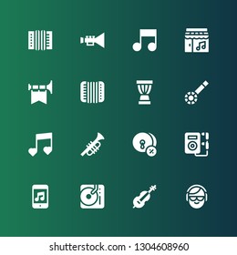 instruments icon set. Collection of 16 filled instruments icons included DJ, Cello, Music, Cymbals, Trumpet, Banjo, Djembe, Accordion
