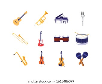 Instruments icon set design, Music festival sound melody song musical art and composition theme Vector illustration