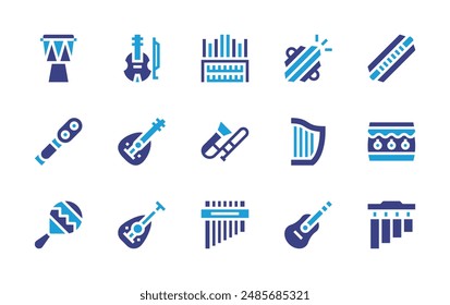 Instruments icon set. Duotone color. Vector illustration. Containing trombone, organ, chimes, harmonica, oud, harp, guitar, drums, cymbals, violin, zampona.