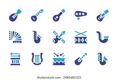 Instruments icon set. Duotone color. Vector illustration. Containing saxophone, mandolin, drum, accordion, lyre, guitar, fiddle, sitar, ocarina.