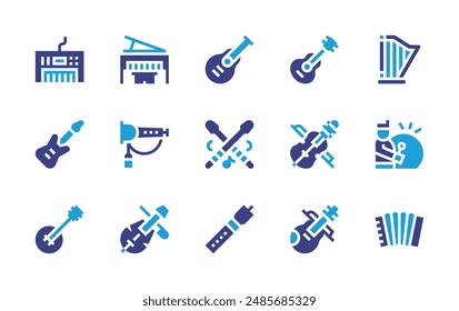 Conjunto de iconos de Instrumentos. Color duotono. Ilustración vectorial. Contiene piano, acordeón, violín, trompeta, arpa, batería, guitarra, palillos, gaita.