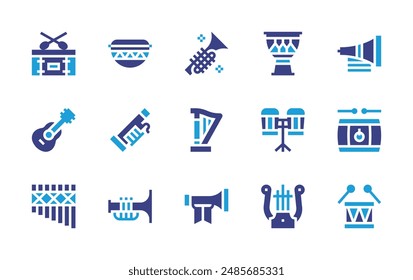 Conjunto de iconos de Instrumentos. Color duotono. Ilustración vectorial. Contiene trompeta, panflauta, tambor, lira, africandrum, fagot, arpa, vuvuzela, guitarra, bongos.