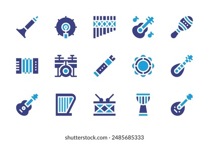 Instruments icon set. Duotone color. Vector illustration. Containing guitar, flute, drum, accordion, panpipe, djembe, bassdrum, tambourine, suona, harp.