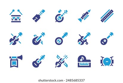 Instruments icon set. Duotone color. Vector illustration. Containing harmonica, tar, guitar, drum, playingmusic, clarinet, violin, kabosy, banjo.