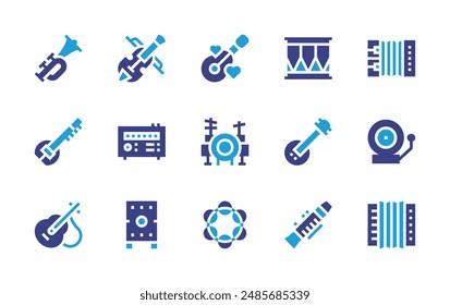 Instruments icon set. Duotone color. Vector illustration. Containing spectrometer, drum, accordion, clarinet, banjo, bell, fiddle, drums, guitar, tambourine, cajon.