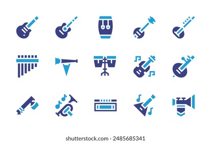 Instruments icon set. Duotone color. Vector illustration. Containing guitar, electricguitar, sitar, trumpet, harmonica, conga, panflute, balalaika, banjo, zither, drums.