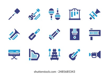 Conjunto de iconos de Instrumentos. Color duotono. Ilustración vectorial. Contiene trompeta, arpa, maracas, guitarra, kalimba, xilófono, violín, tubular, valiha, mazo, piano.