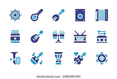 Conjunto de iconos de Instrumentos. Color duotono. Ilustración vectorial. Conteniendo pandereta, tuba, dagu, cajón, violín, sitar, bongos, batería, guitarra española, guitarra, pipa.