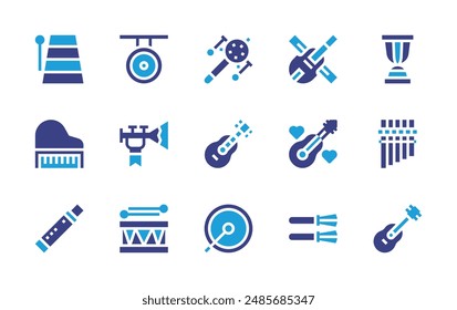 Instruments icon set. Duotone color. Vector illustration. Containing xylophone, grandpiano, guan, drum, violin, guitar, vuvuzela, taiko, drumsticks, bassdrum, gong.