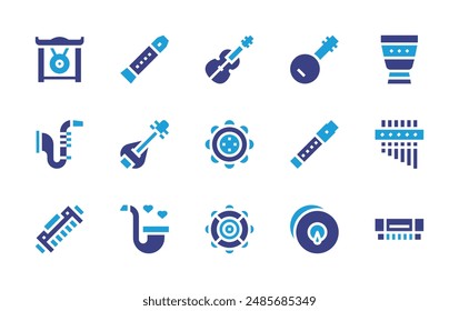 Instruments icon set. Duotone color. Vector illustration. Containing timpani, violin, flute, saxophone, cymbals, tambourine, banjo, gong, zampona, harmonica, mandolin.