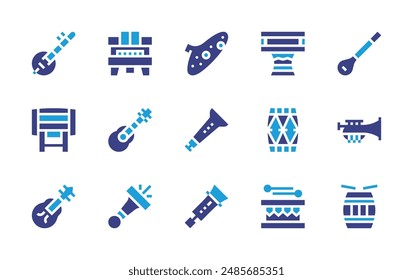 Instruments icon set. Duotone color. Vector illustration. Containing piano, horn, guitar, tanbur, trumpet, rhaita, dagu, ocarina, chirimia, drum, darbuka.