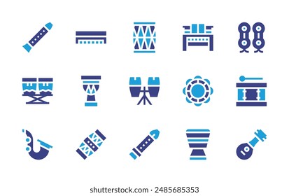 Instruments icon set. Duotone color. Vector illustration. Containing saxophone, djembe, drum, piano, flute, tambourine, dholak, conga, harmonica, lute, qarqaba.