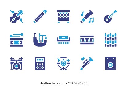 Instruments icon set. Duotone color. Vector illustration. Containing indonesia, cajon, clarinet, drum, lute, harmonica, huehuetl, bagpipe, drumkit, flute, synthesizer.