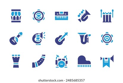 Instruments icon set. Duotone color. Vector illustration. Containing piano, tambourine, saxophone, domra, guitar, drum, trumpetplayer, trumpet.