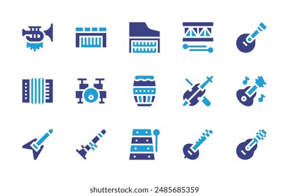 Instruments icon set. Duotone color. Vector illustration. Containing trumpet, guitar, accordion, piano, harpsichord, violin, drumset, drum.