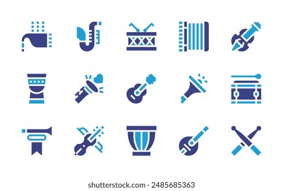 Instruments icon set. Duotone color. Vector illustration. Containing saxophone, mandolin, fanfare, guitar, trumpet, accordion, timpani, drum, fiddle, bagpipe.