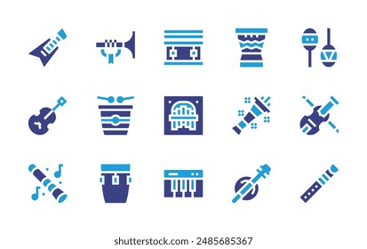 Instruments icon set. Duotone color. Vector illustration. Containing violin, electricguitar, conga, trumpet, vuvuzela, marimbol, djembe, suka, maracas, snaredrum.