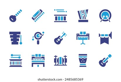 Instruments icon set. Duotone color. Vector illustration. Containing piano, banjo, harmonica, trumpet, xylophone, drum, guitar, kankles, drumkit, dendendaiko.