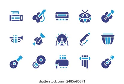 Instruments icon set. Duotone color. Vector illustration. Containing guitar, electricguitar, drummer, trumpet, bagpipes, panflute, harmonica, flute, drum, sousaphone.