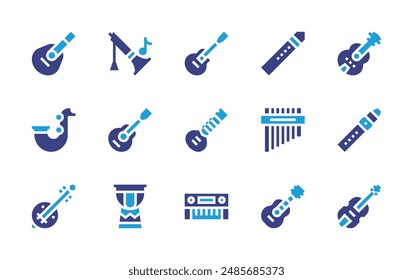 Instruments icon set. Duotone color. Vector illustration. Containing guitar, keyboard, violin, drum, flute, sitar, trumpet, ukulele, zampona, electricguitar.