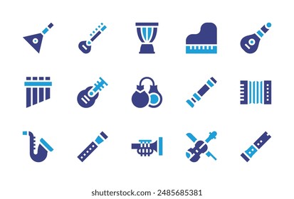 Instruments icon set. Duotone color. Vector illustration. Containing saxophone, piano, flute, castanets, panpipe, balalaika, trumpet, djembe, violin, sitar, guitar.