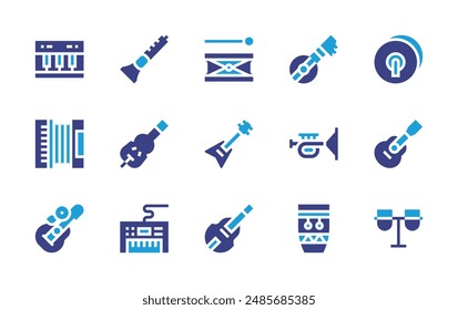 Instruments icon set. Duotone color. Vector illustration. Containing piano, guitar, violin, doublebass, flute, accordion, conga, bouzouki, drum, keyboard, trumpet.