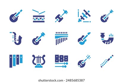 Instruments icon set. Duotone color. Vector illustration. Containing rockandroll, guitar, drum, horns, shamisen, flute, biwa, xylophone, electricguitar, saxophone.