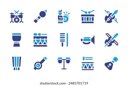 Instruments icon set. Duotone color. Vector illustration. Containing guiro, violin, drum, bladderpipe, jazz, balalaika, cymbalsplayer, conga, ektara, percussion.