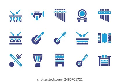 Instruments icon set. Duotone color. Vector illustration. Containing erhu, drum, flute, saz, organ, djembe, guitar, accordion, taiko, sitar, trumpet, panflute, huehuetl.