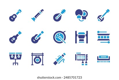 Instruments icon set. Duotone color. Vector illustration. Containing mandolin, musicalinstrument, bassoon, guitar, drum, acousticguitar, castanets, flute, conga, gong.