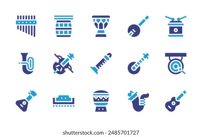 Instruments icon set. Duotone color. Vector illustration. Containing drum, sitar, violin, banjo, dagu, flute, zampona, saxophone, balalaika, tuba, harmonica.