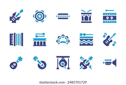 Instruments icon set. Duotone color. Vector illustration. Containing drum, tambourine, trumpet, lute, gong, violin, harmonica, electricguitar, banjo, accordion, rockguitar.