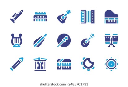 Instruments icon set. Duotone color. Vector illustration. Containing drum, lyre, clarinet, flute, dulcimer, accordion, organ, harmonica, lute, tambourine, guitar.